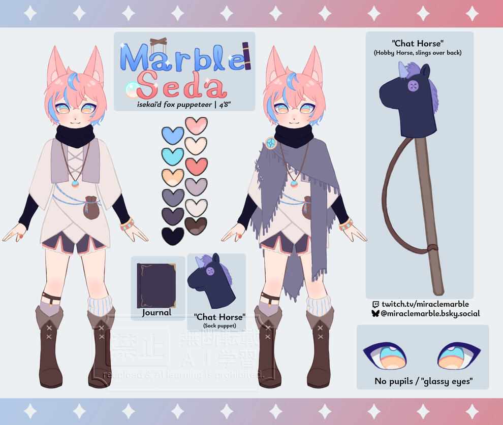 A reference sheet of @miraclemarble.bsky.social's vtuber persona, Marble Seda. Marble is a fox kemonomimi with peach pink and soft blue hair, large, fennec fox-esque ears, fair skin, and cyan eyes with coral pink and pale orange accents. They are wearing