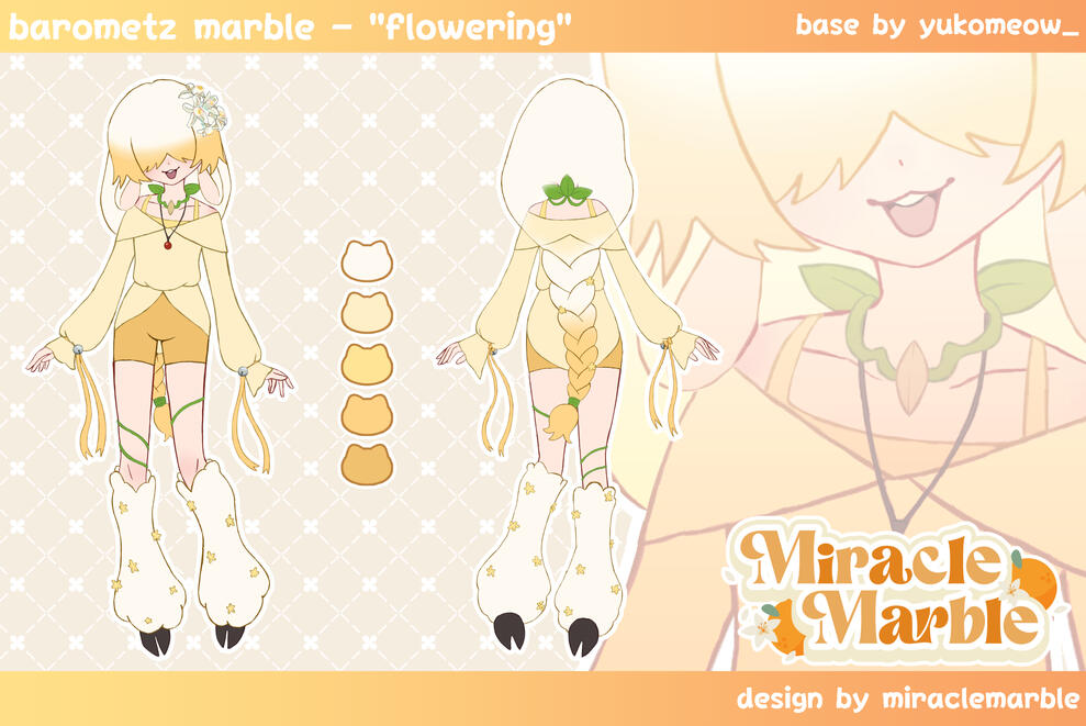 Barometz Marble - "Flowering" Reference Sheet A reference sheet of @miraclemarble.bsky.social's vtuber persona, Marble, in its "flowering" design. Marble is a lamb kemonomimi with fair skin and legs that end in hooves and wool. In its flowering design, it has long, braided white and yellow-orange hair
